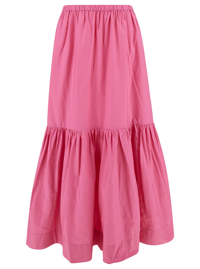 Long Pink Skirt With Flounce Detail Cotton Woman