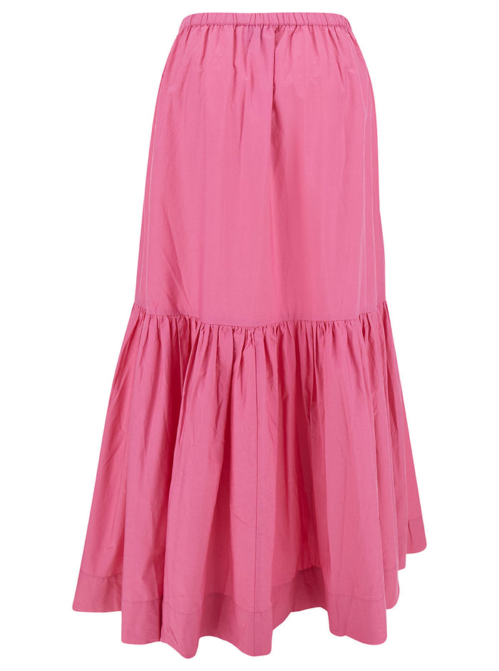 Long Pink Skirt With Flounce Detail Cotton Woman