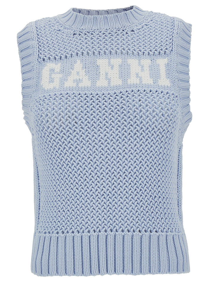 Light Blue Knit Vest With Intarsia Logo Cotton Woman Cottom Poliamide Jersey