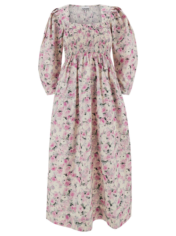 Long White And Pink Dress With Floreal Print Puff Sleeves Cotton Woman