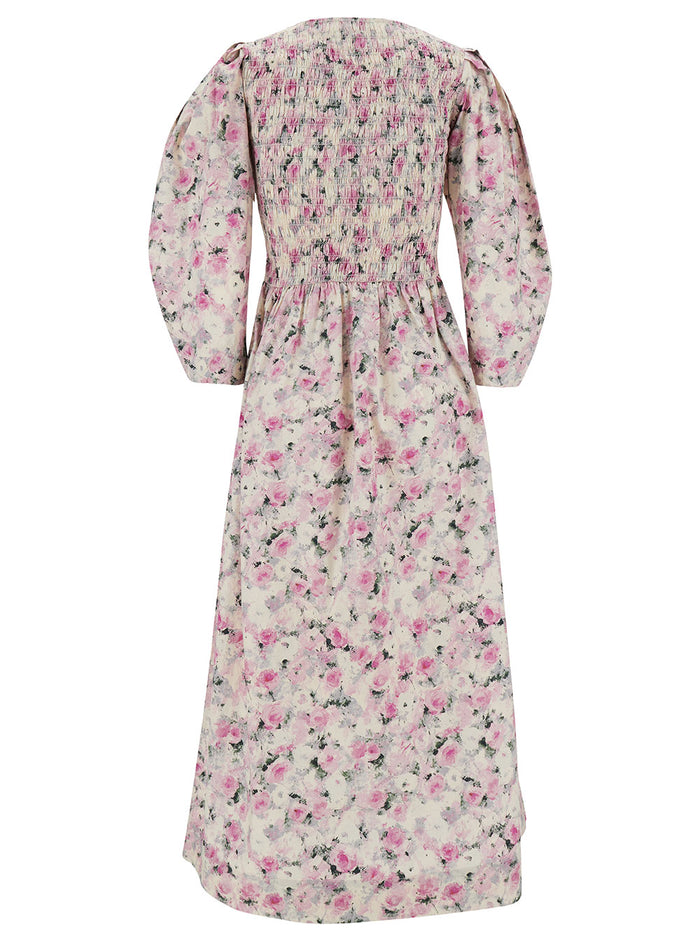 Long White And Pink Dress With Floreal Print Puff Sleeves Cotton Woman