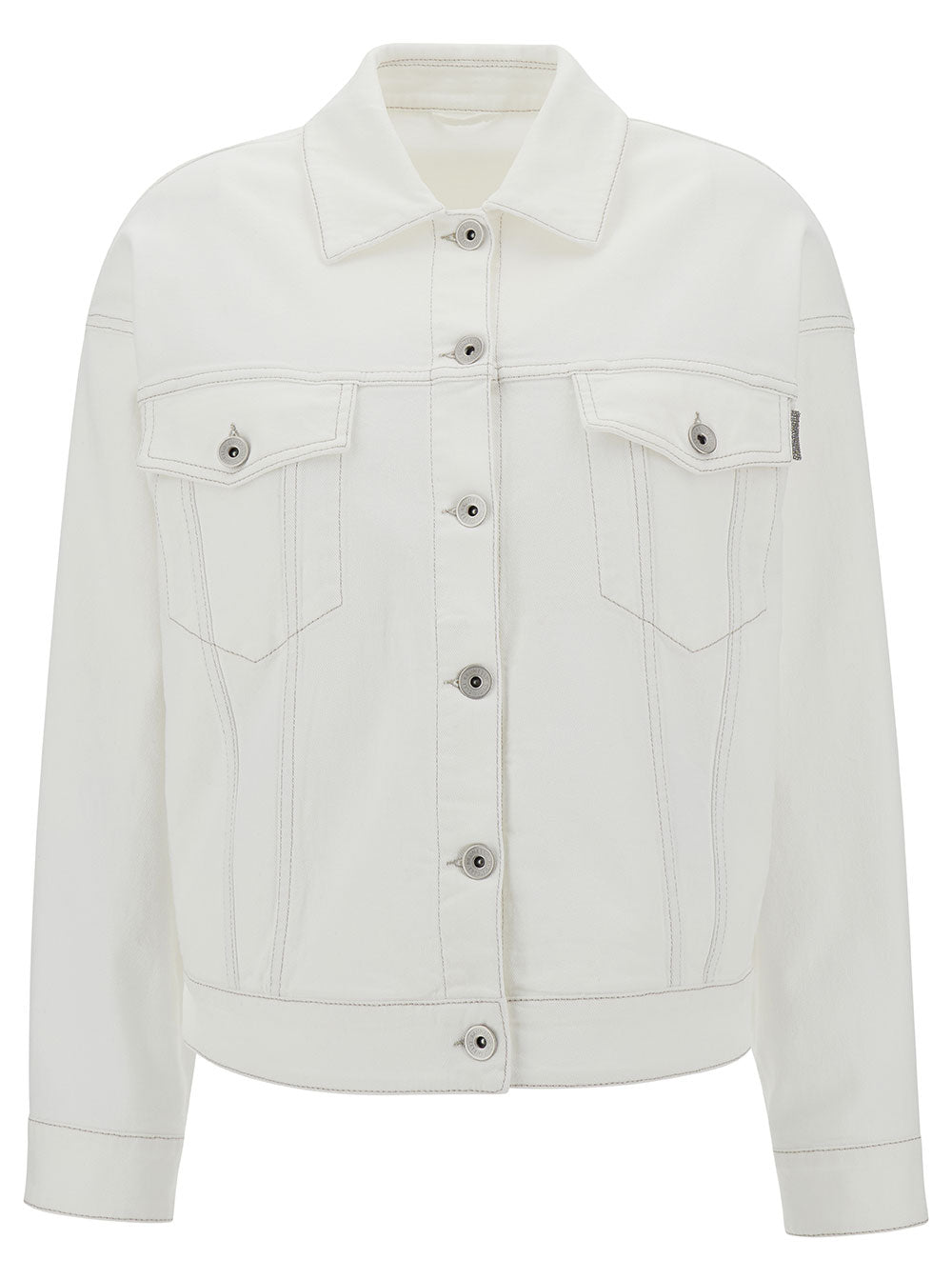 White Jacket With Buttons And Monile Detail Stretch Cotton Denim Woman Elastane