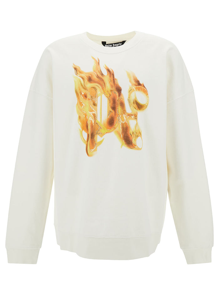 White Crewneck Sweatshirt With Burning Logo Print Cotton Man Tshirts And Polo Shirts