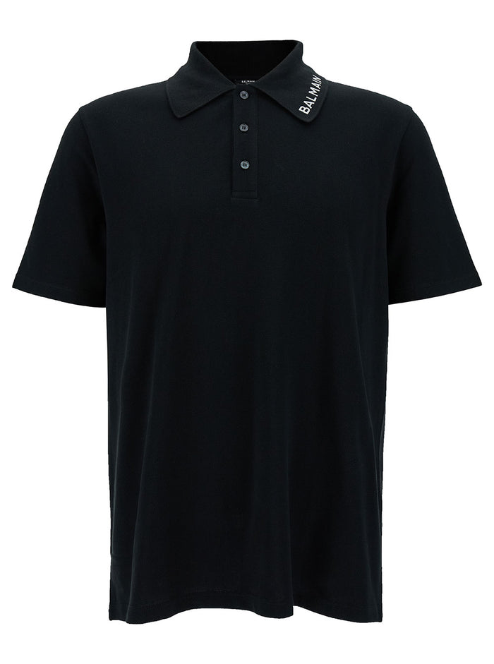 Black Polo Shirt With Logo Lettering Embroidery On Collar Cotton Man Tshirts And