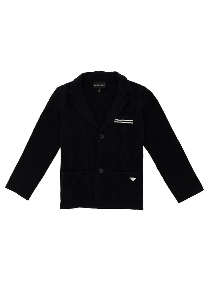 Black Knit Jacket With Contrasting Logo Stretch Cotton Boy Blu Elastane Blazers