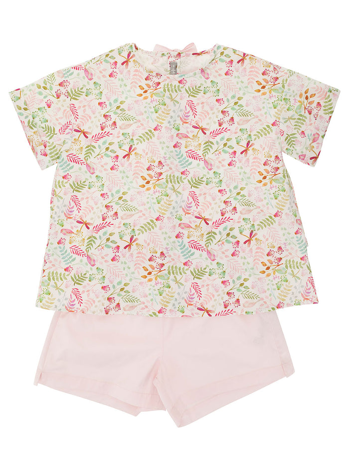 Pink T-Shirt And Shorts With Flower Print Bow Detail Cotton Girl Suits