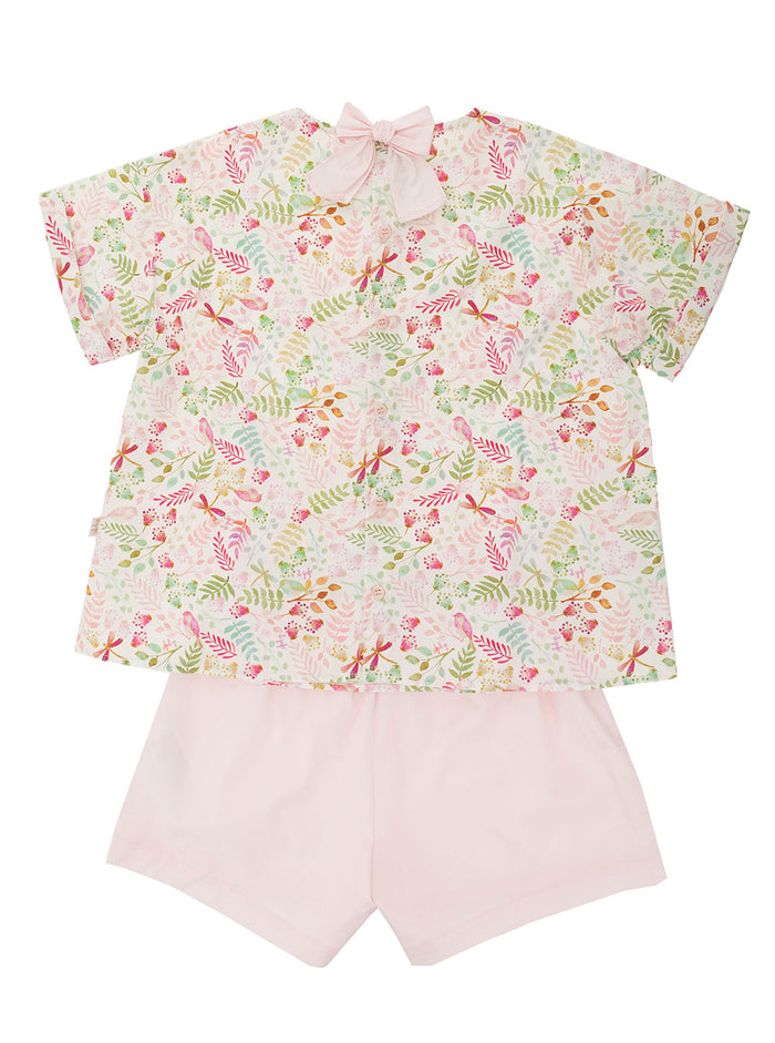 Pink T-Shirt And Shorts With Flower Print Bow Detail Cotton Girl Suits