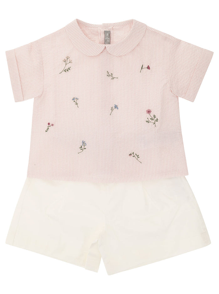 Pink And White Shirt Shorts Suit Stretch Cotton Girl Elastane Suits