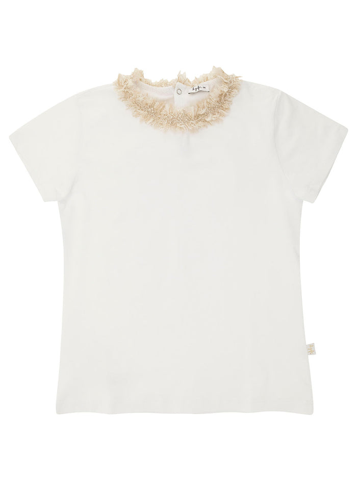 White Crewneck T-Shirt With Embellishment At The Neck Stretch Cotton Girl Elastane Tshirts And Polo Shirts