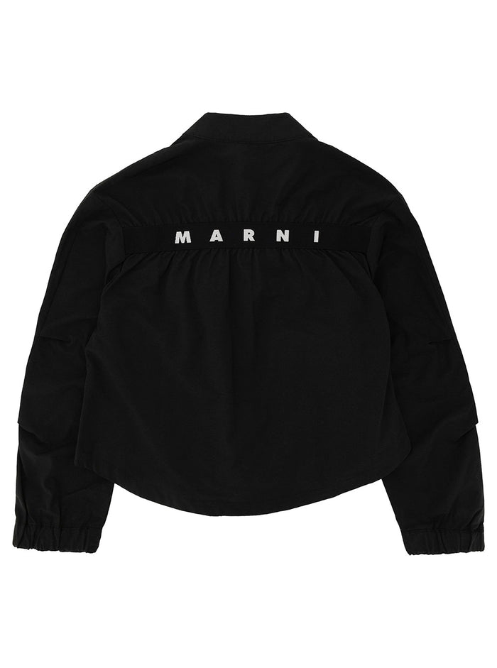 Black Jacket With Contrasting Logo At The Back Cotton Blend Girl Nylon Blazers