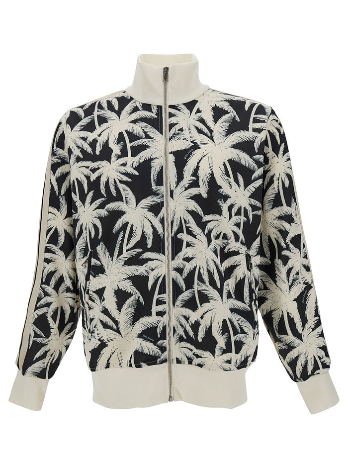 Black And White Sweatshirt With All-Over Palm Print Cotton Man Sweatshirts
