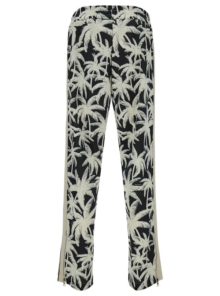 Black And White Pants With All-Over Palm Print Tech Fabric Man Polyester Trousers