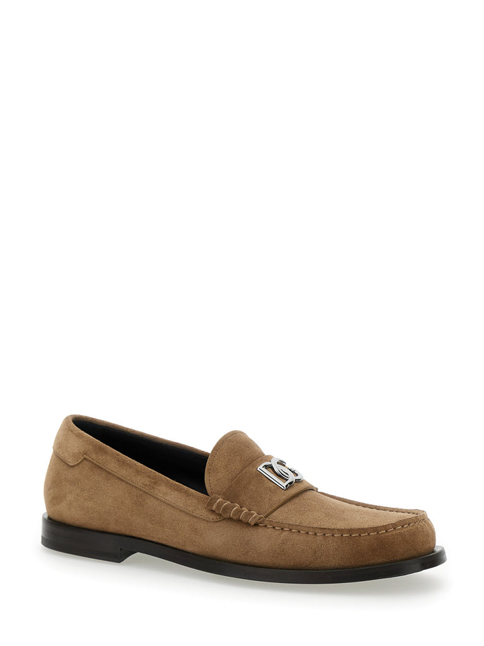 Brown Loafer With Logo Suede Man Beige Calf Loafers