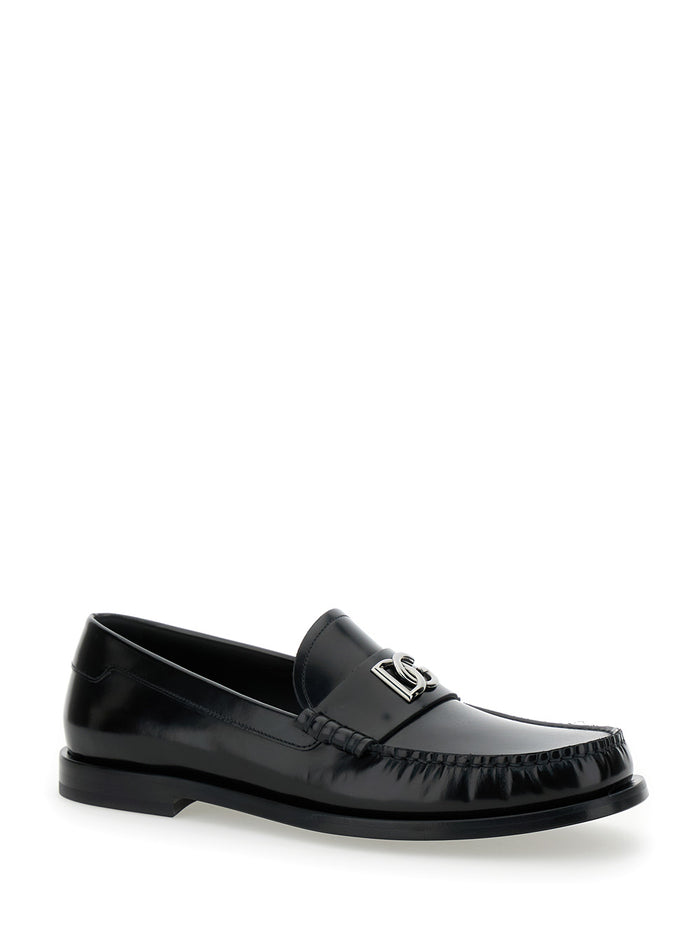 Black Loafer With Metallic Logo Leather Man Calf Loafers