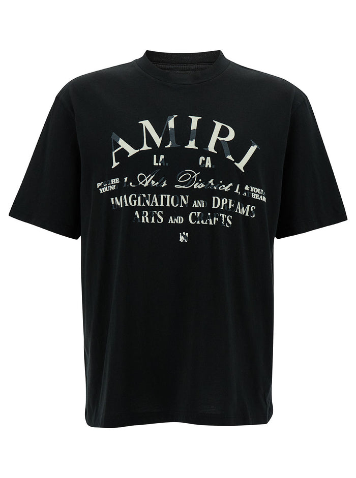 Black T-Shirt With Distressed Arts District Print Cotton Man Tshirts And Polo Shirts