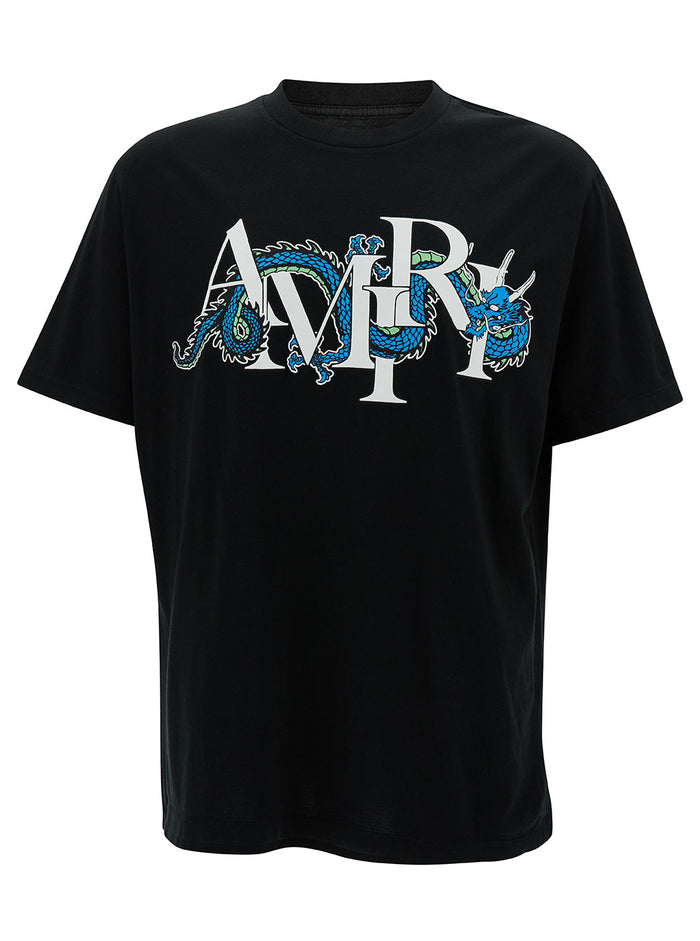 Black T-Shirt With Dragon Logo Print Cotton Man Tshirts And Polo Shirts
