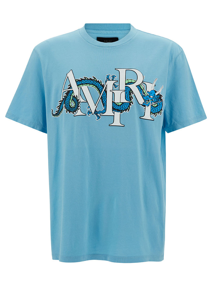 Light Blue T-Shirt With Dragon Logo Print Cotton Man Blu Tshirts And Polo Shirts