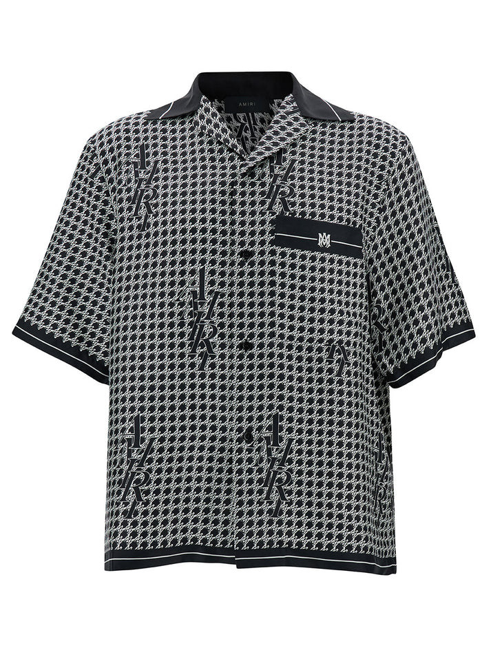 Black Bowling Shirt With Monogram-Houndstooth Silk Man And Blouses