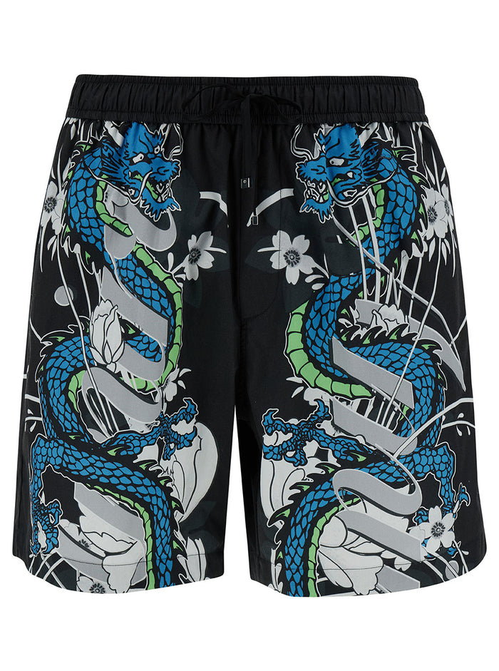 Black Shorts With Dragon Print And Drawstring Cotton Man Bermuda