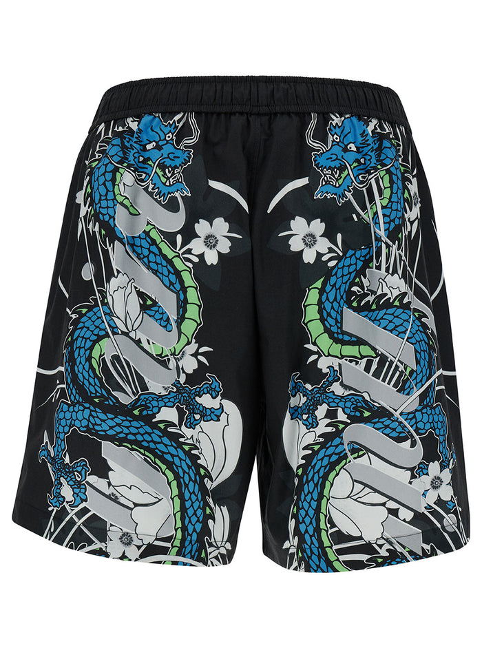 Black Shorts With Dragon Print And Drawstring Cotton Man Bermuda