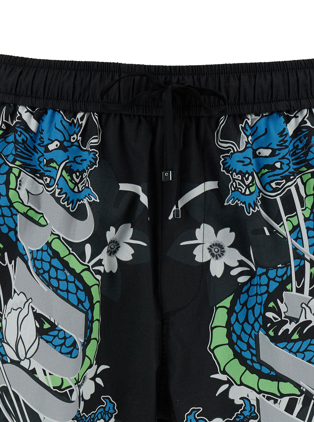 Black Shorts With Dragon Print And Drawstring Cotton Man Bermuda