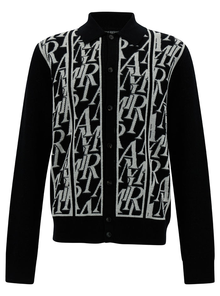 Black Cardigan With Jacquard Logo Wool Man Jersey
