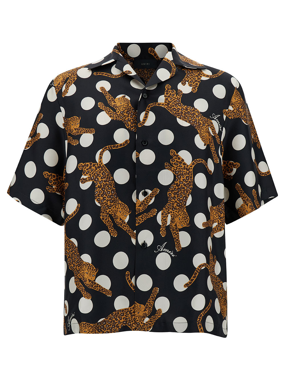 Black Polka Dots Bowling Shirt With Tiger Print Silk Man And Blouses
