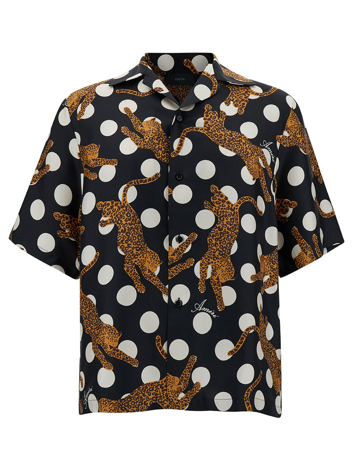 Black Polka Dots Bowling Shirt With Tiger Print Silk Man And Blouses