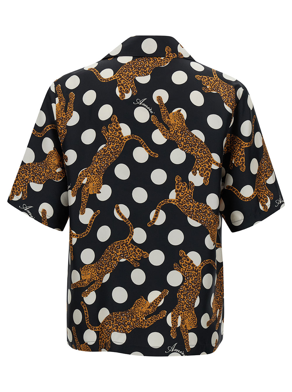 Black Polka Dots Bowling Shirt With Tiger Print Silk Man And Blouses