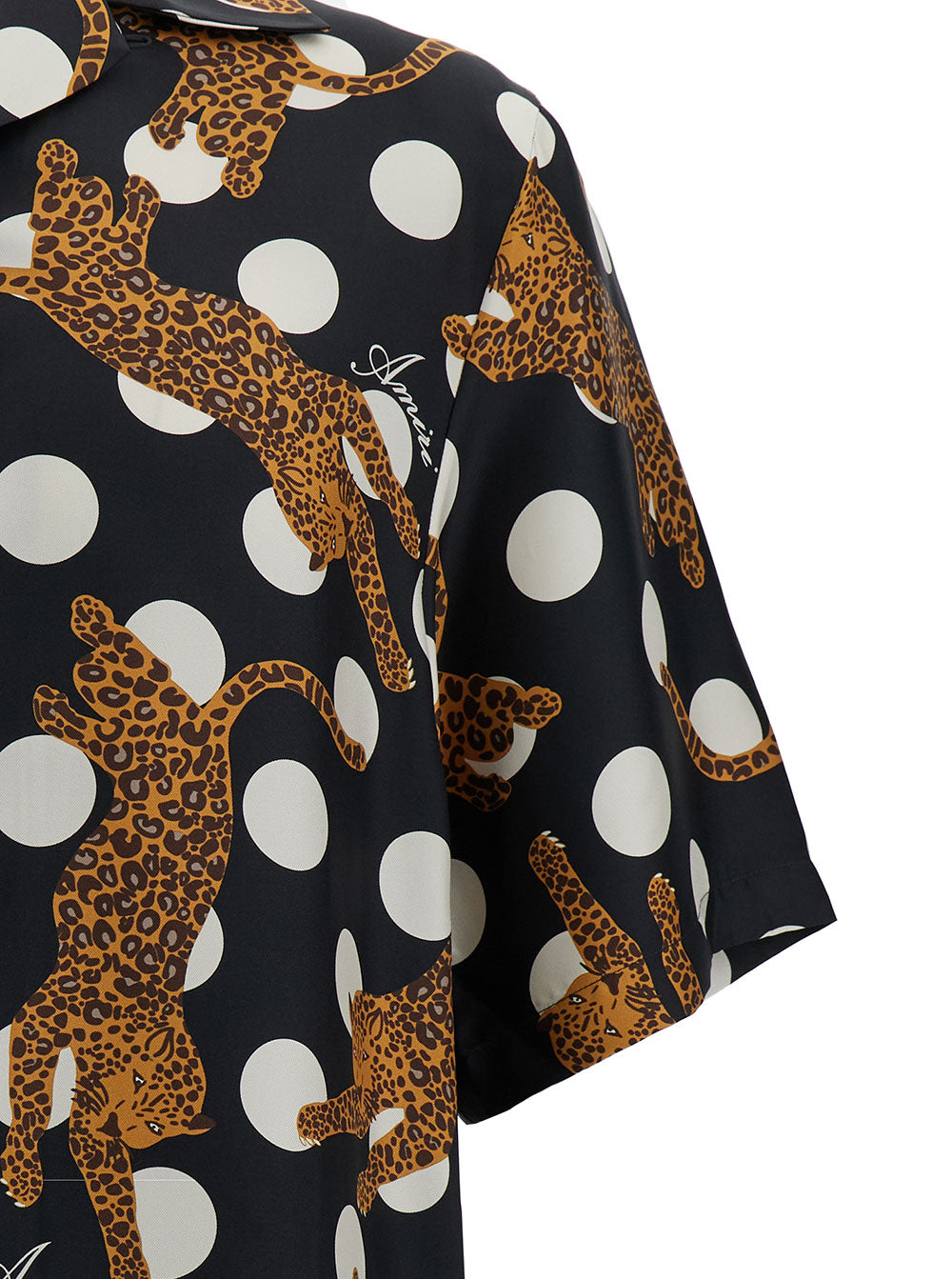 Black Polka Dots Bowling Shirt With Tiger Print Silk Man And Blouses