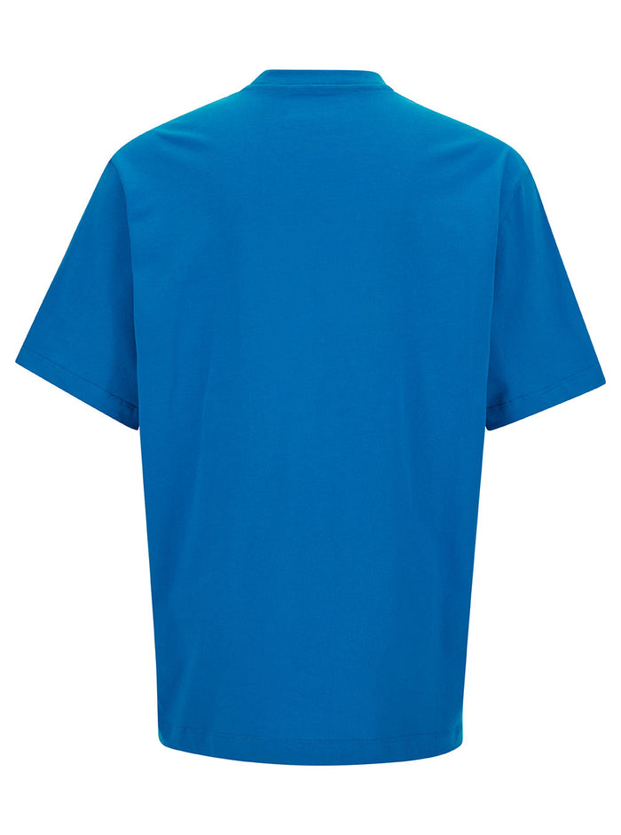 Light Blue T-Shirt With Contrasting Logo Print Cotton Man Blu Tshirts And Polo Shirts