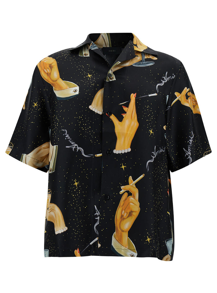 Champagne Black Bowling Shirt With Graphic Print Silk Man And Blouses