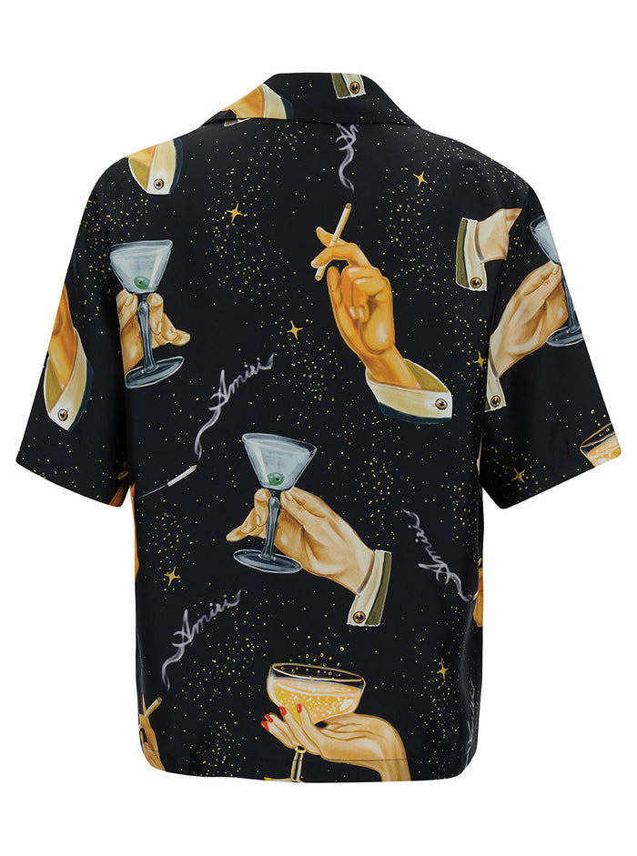 Champagne Black Bowling Shirt With Graphic Print Silk Man And Blouses