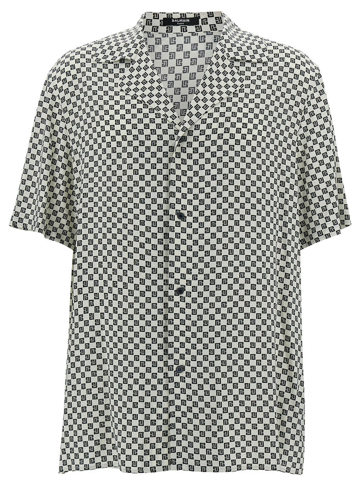 Black And White Bowling Shirt With Monogram Print Viscose Man Blouses