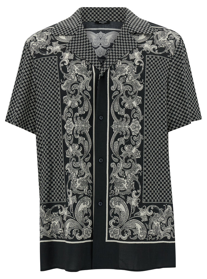 Black Bowling Shirt With All-Over Monogram Viscose Man Grey And Blouses
