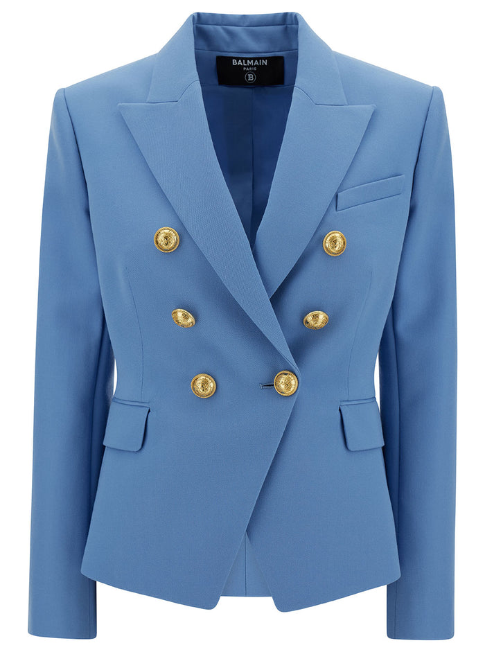 Blue Double-Breasted Jacket With Jewel Buttons Wool Woman Blu Blazers