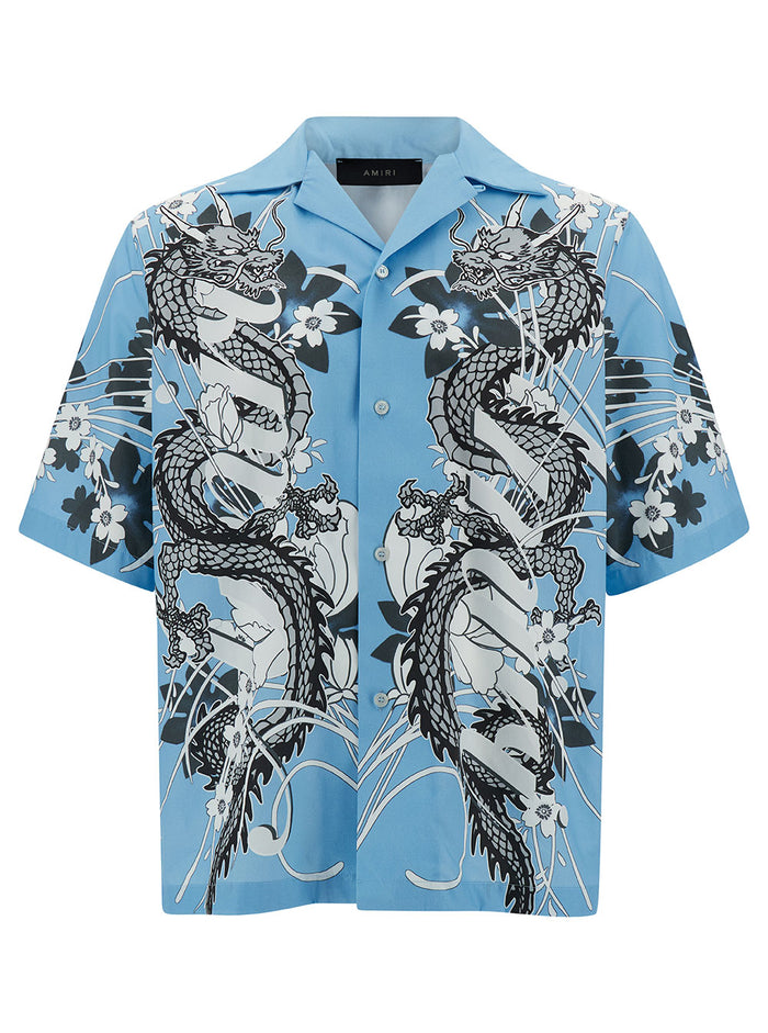 Light Blue Bowling Shirt With Dragon Print Cotton Man Black And Blouses