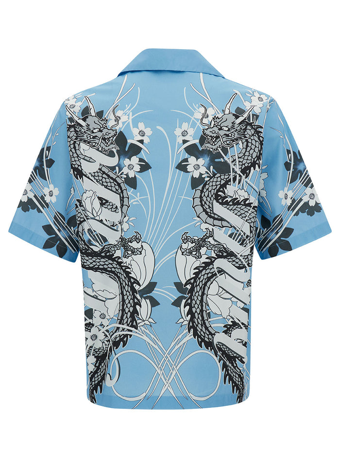 Light Blue Bowling Shirt With Dragon Print Cotton Man Black And Blouses