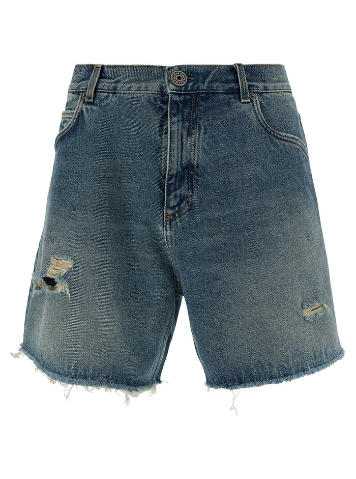 Light Blue Bermuda Shorts With Rips And Logo Print Cotton Denim Man Blu