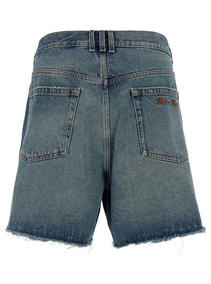 Light Blue Bermuda Shorts With Rips And Logo Print Cotton Denim Man Blu