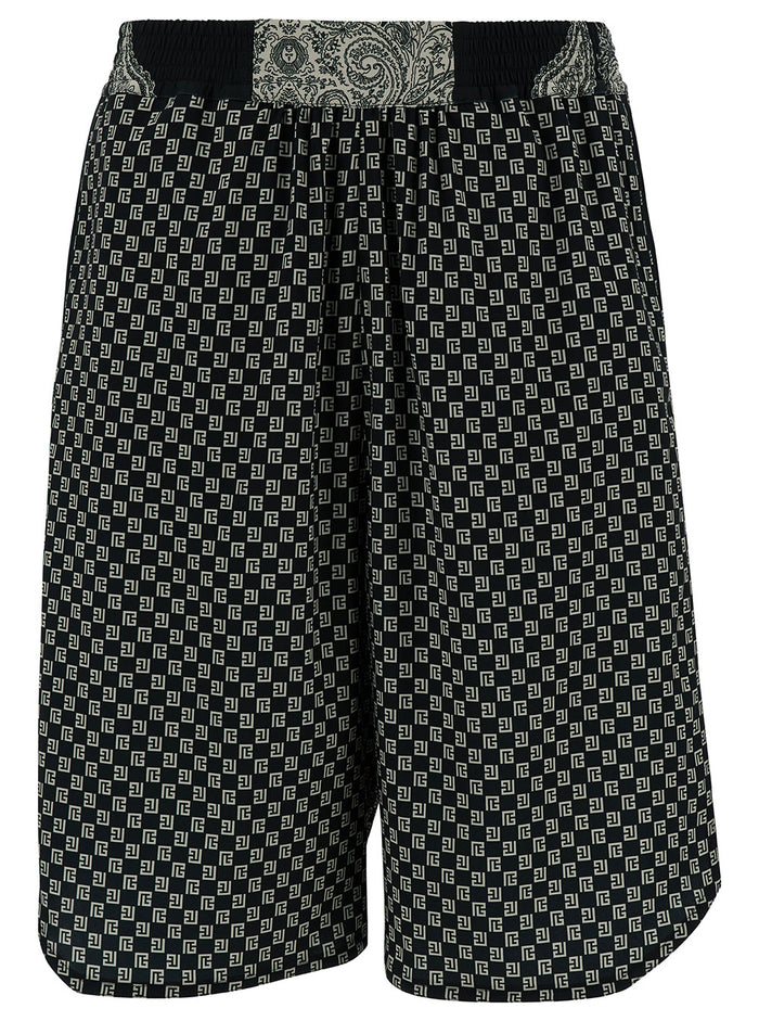 Black And White Shorts With Monogram Paisley Print Stretch Viscose Man Elastane Bermuda