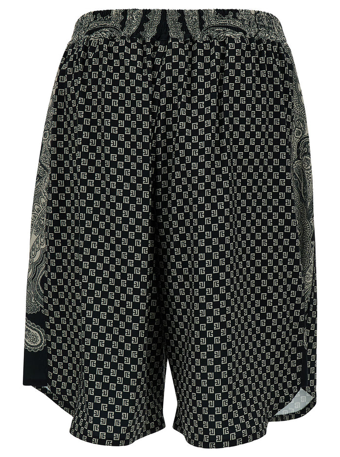Black And White Shorts With Monogram Paisley Print Stretch Viscose Man Elastane Bermuda