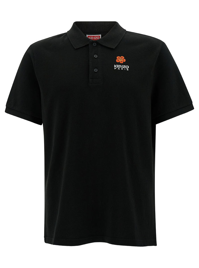 Black Slim Polo Shirt With Boke Flower Embroidery Cotton Man Tshirts And