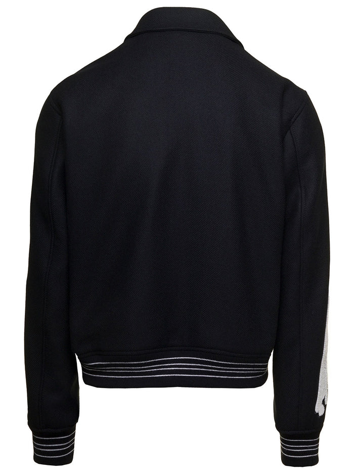 Black Varsity Jacket With Logo Embroidery And Striped Trim Wool Man