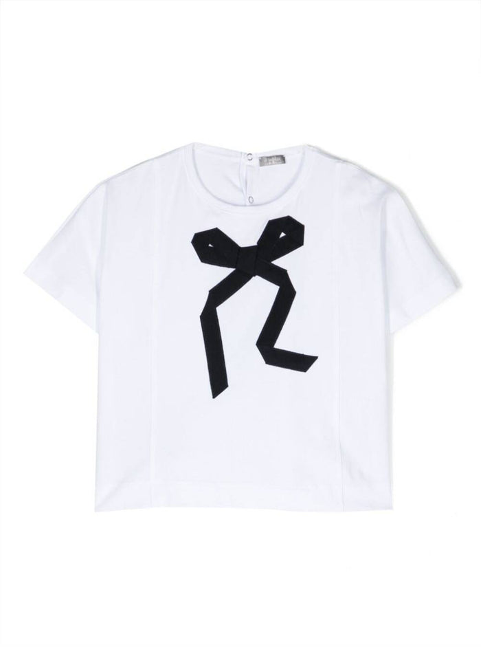 White T-Shirt With Bow Patch Cotton Girl Elastane Tshirts And Polo Shirts