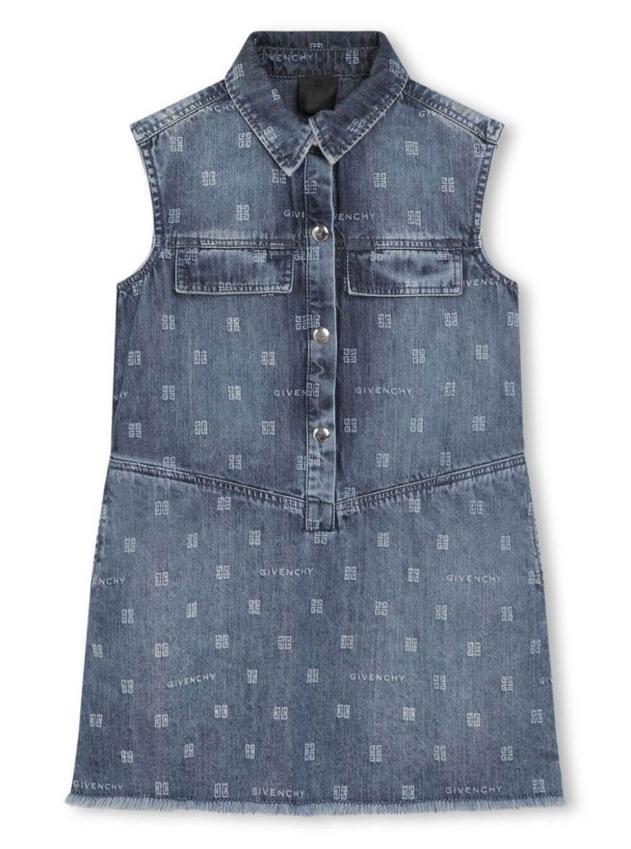Grey Dress With All-Over 4g Embroidery Cotton Denim Girl