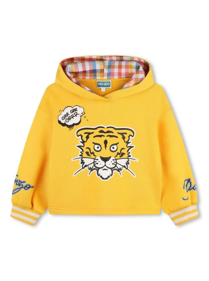 Yellow Hoodie With Tiger Patch Cotton Blend Girl Polyester Sweatshirts