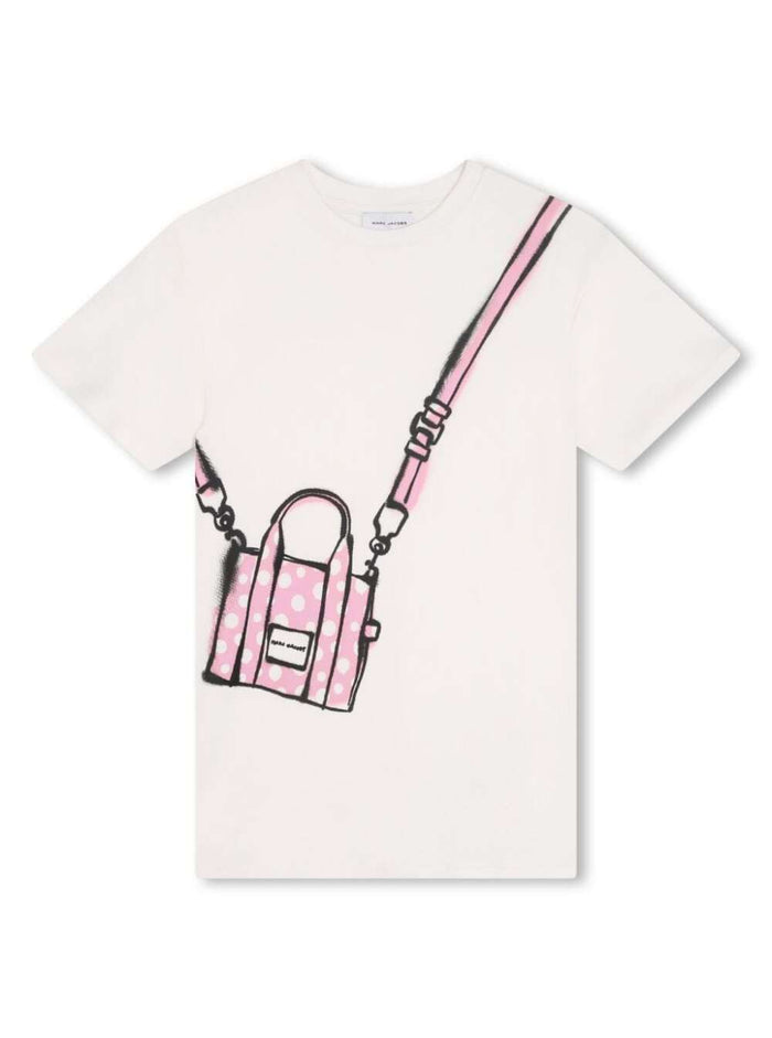White Short Sleeve Dress With Bag Print Cotton Girl