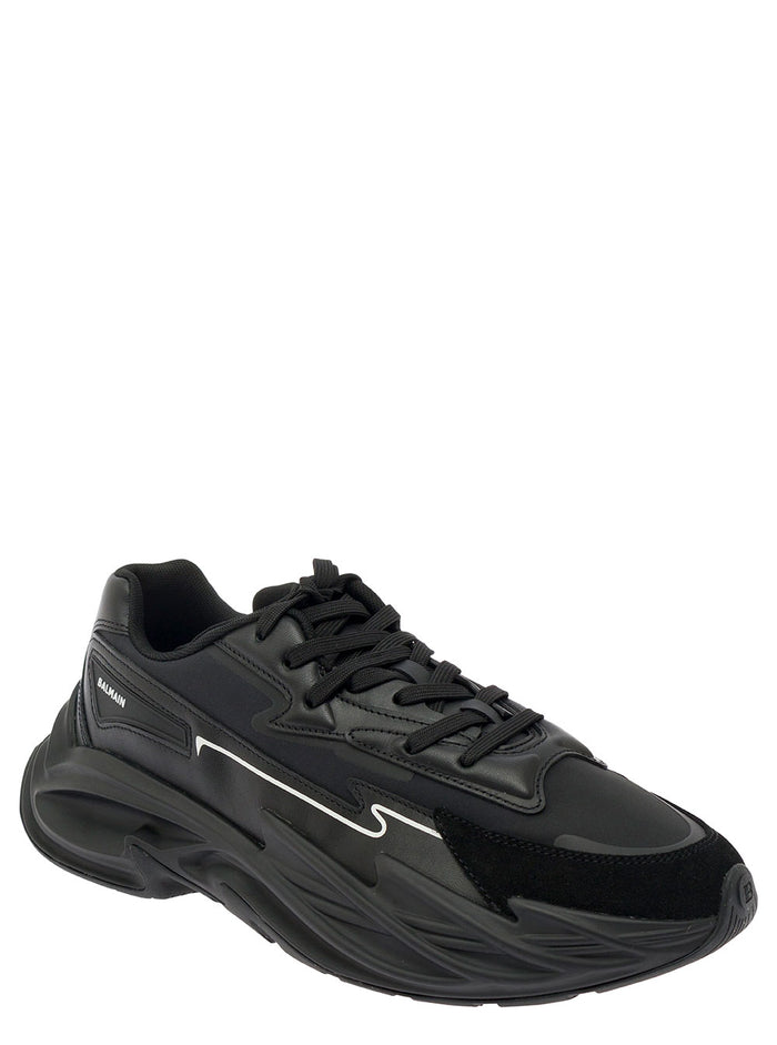 Run Row Black Low Top Sneakers With Embossed Logo Leather Man Calf