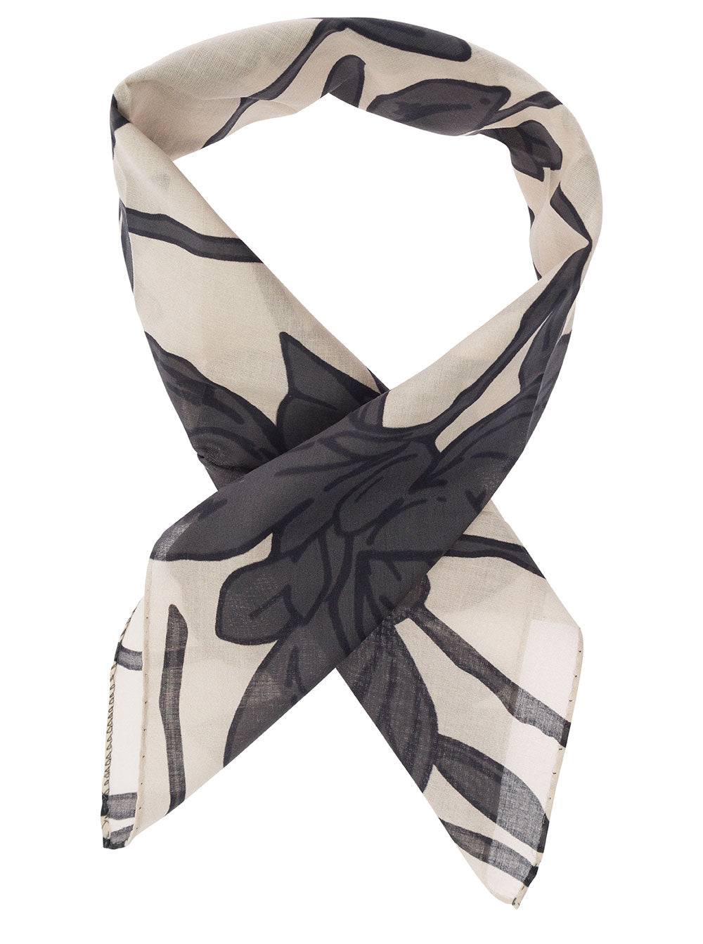 Black And White Scarf With Floreal Print Cotton Woman Scarfs Foulards